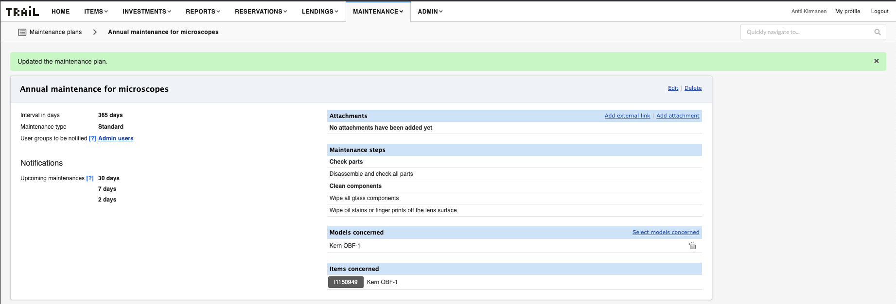 Maintenance plan