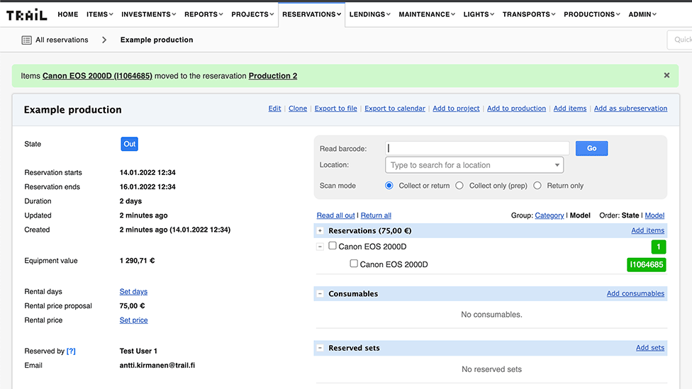 Equipment management reservation item transfer 3