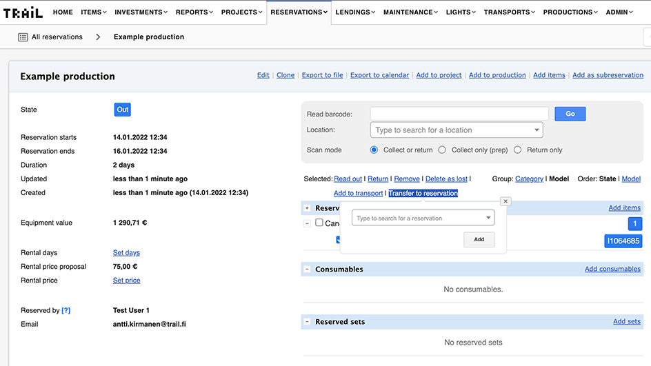 Equipment management reservation item transfer 2
