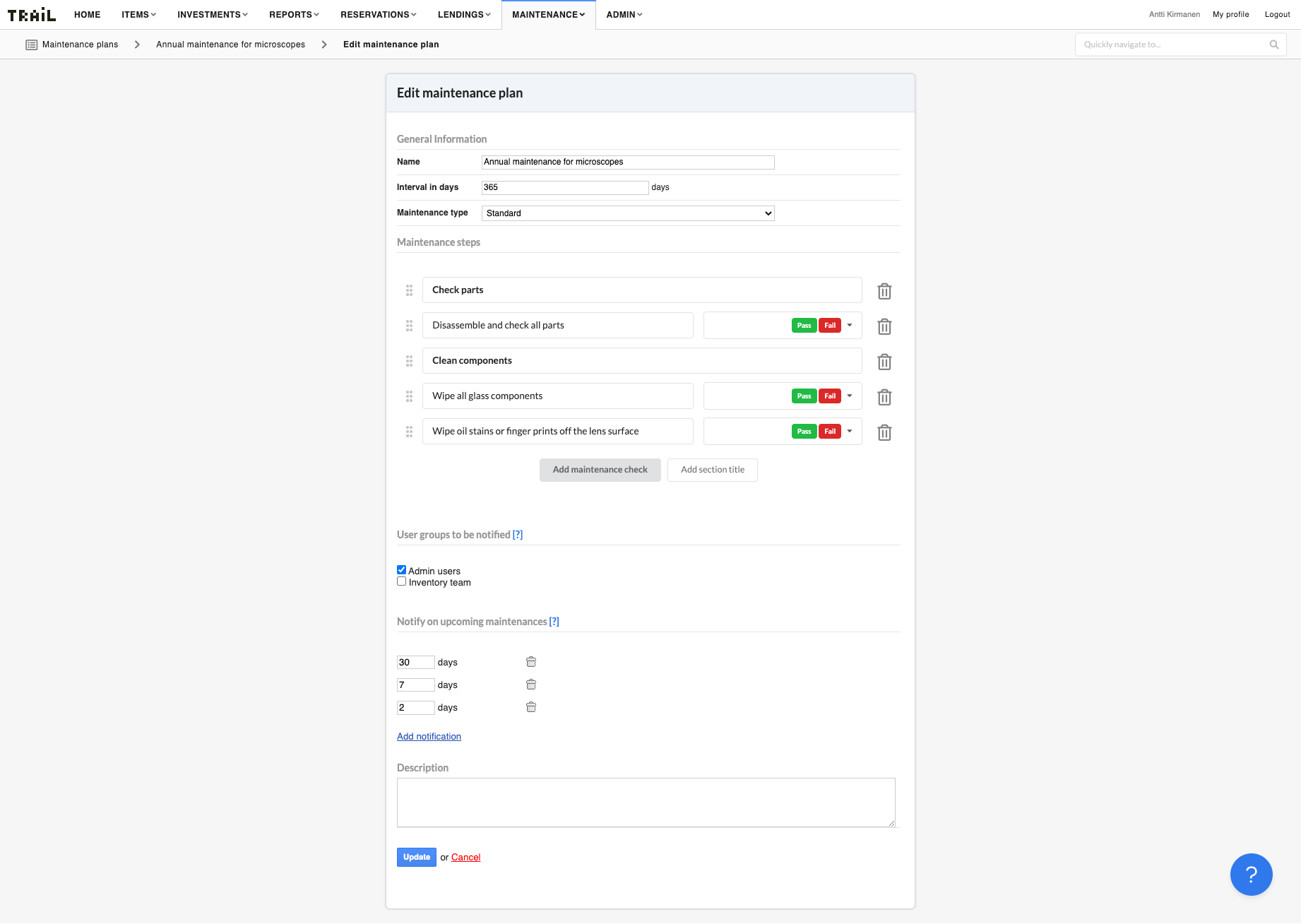 Maintenance plan edit