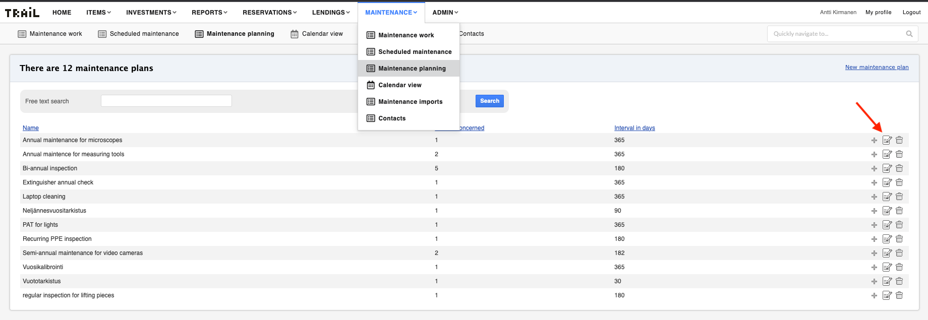 Editing maintenance plan - icon