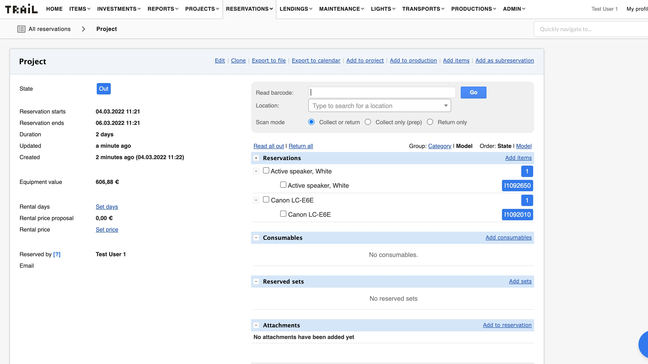 1 Equipment reservation view