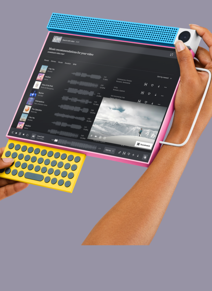 A tablet with retro feeling with a user using the soundmatch feature in the Epidemic Sound application