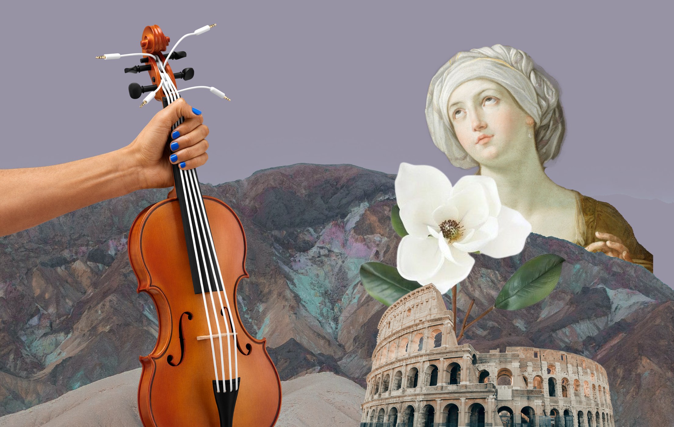 Colagem com um violino clássico, o Coliseu e uma pintura renascentista