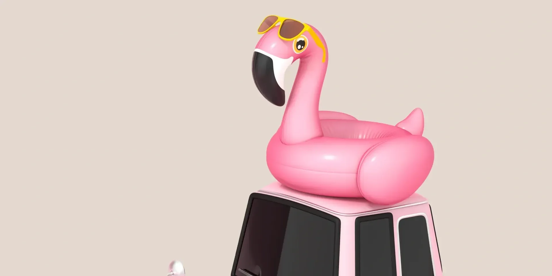 An inflatable flamingo on top of a car.