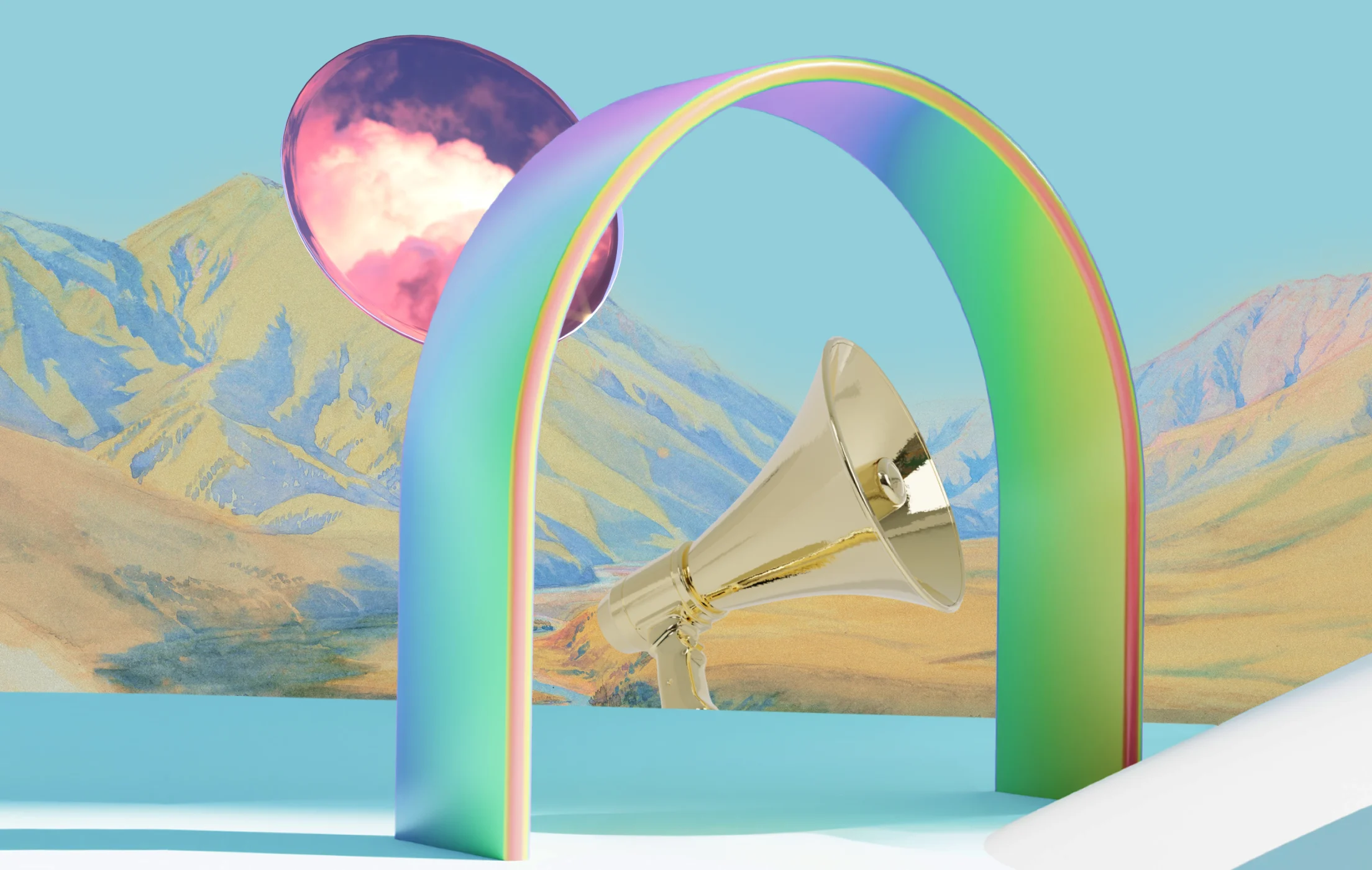 Colorful collage featuring mountains under a blue sky, a pink mirror, a golden megaphone and a metallic arch