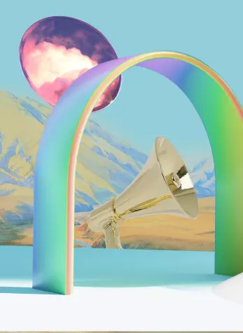 Colorful collage featuring mountains under a blue sky, a pink mirror, a golden megaphone and a metallic arch