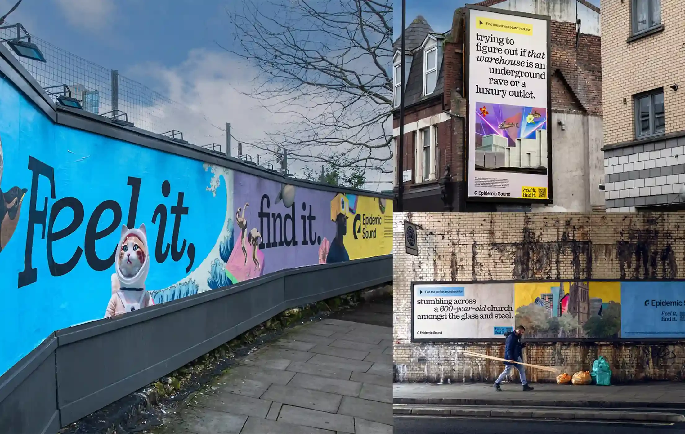 Collage con ejemplos de la campaña de marca en las calles de Londres