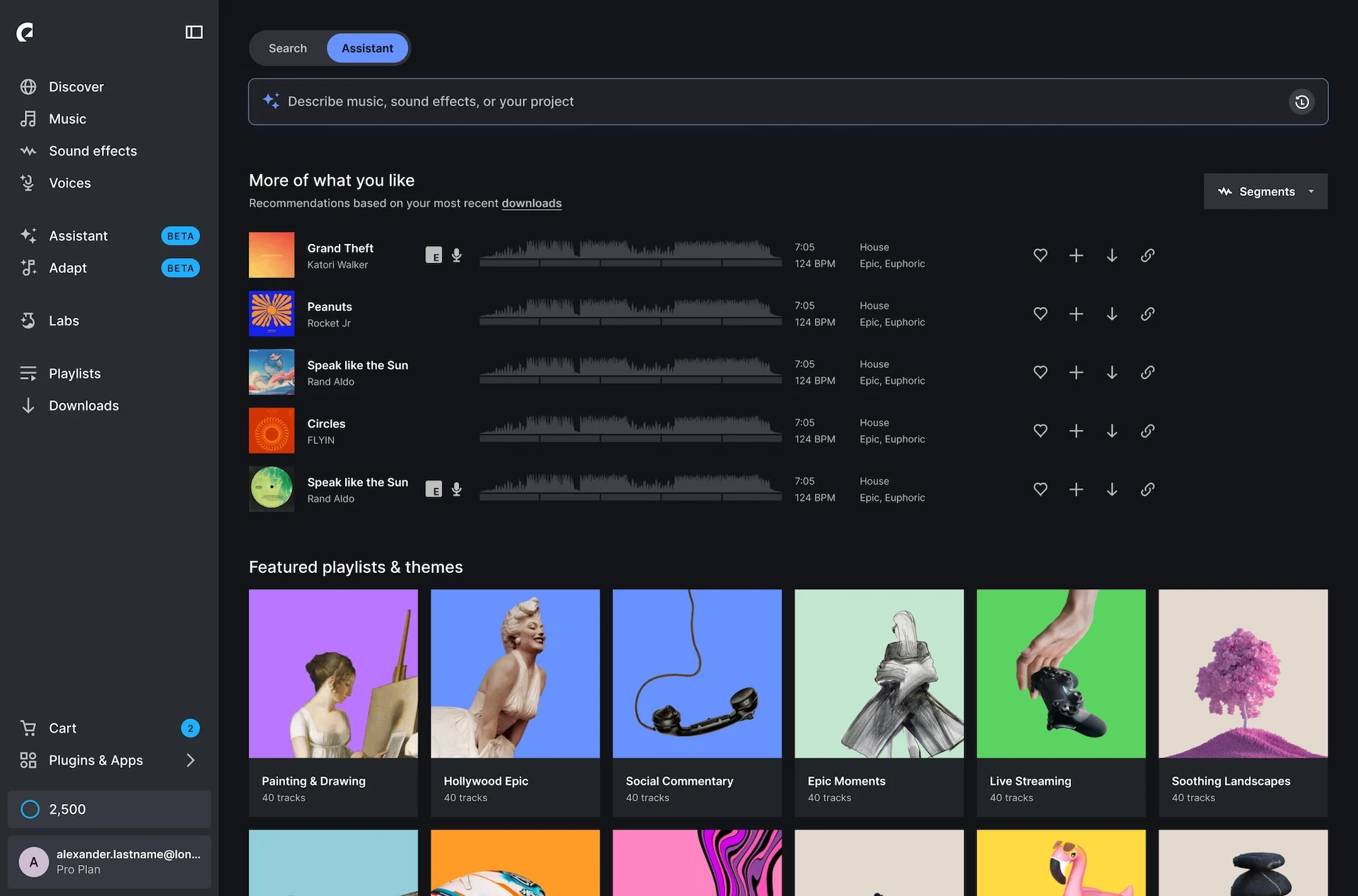 Searching for Assistant on the Epidemic Sound homepage.