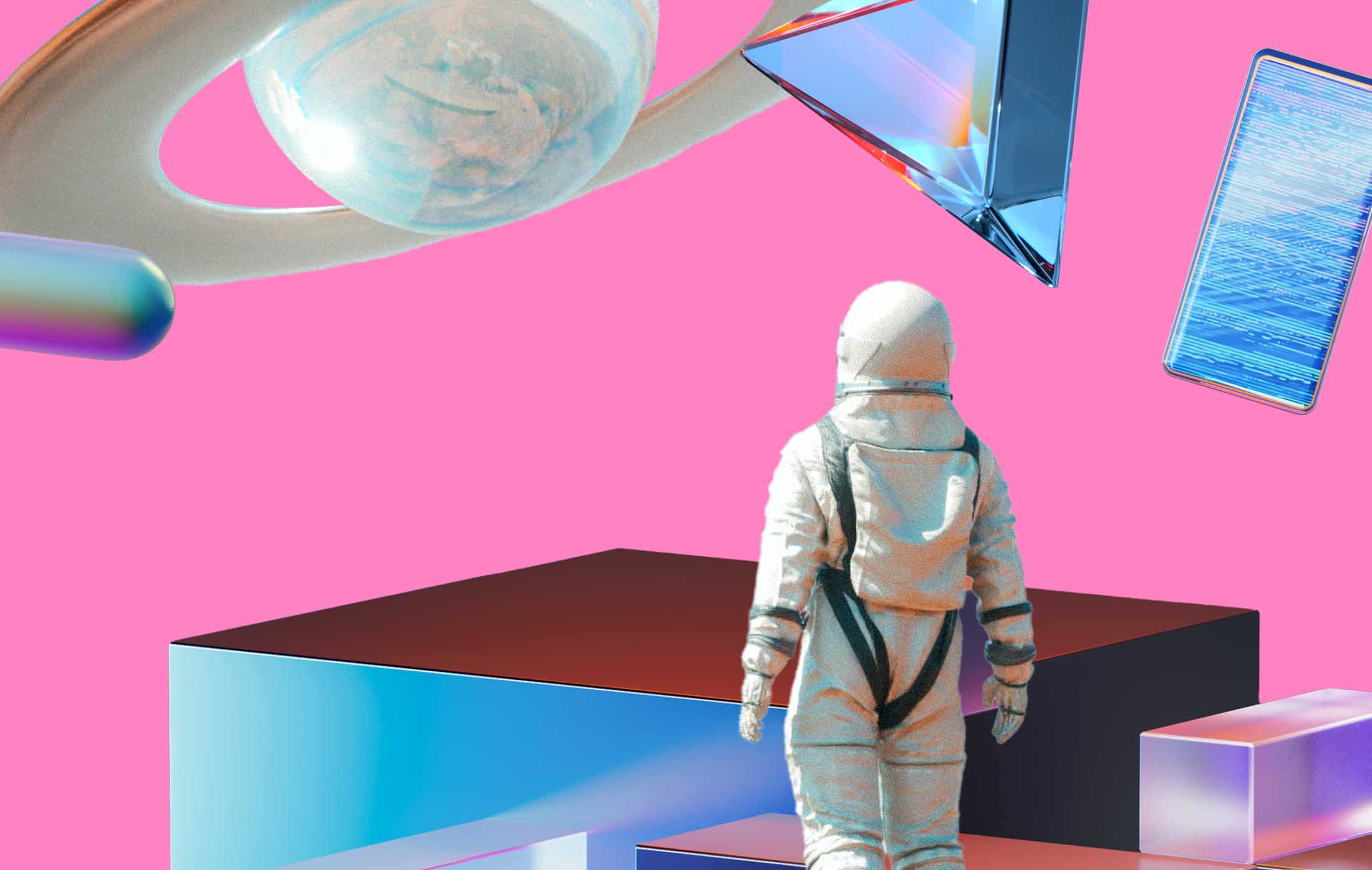 Ein Astronaut in einer künstlichen, pinken Umgebung