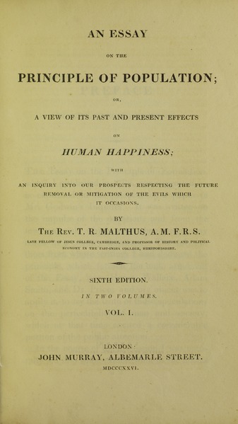 Title page from An Essay on the Principle of Population, vol. 1 [1826, 6th ed.]