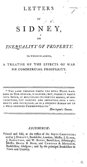 Title page from Letters of Sidney, on Inequality of Property. To which is added, a Treatise of the Effects of War on Commercial Prosperity