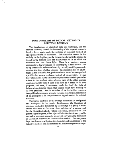 Title page from “Some Problems of Logical Method in Political Economy” Journal of Political Economy, vol. 25, no. 3, Mar. 1917, pp. 236–260.