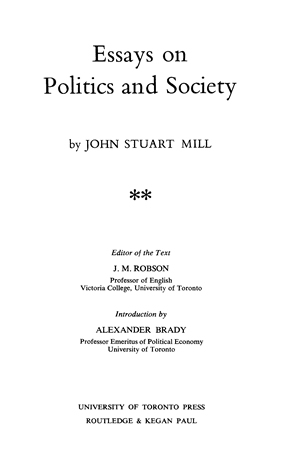 Title page from The Collected Works of John Stuart Mill, Volume XIX - Essays on Politics and Society Part 2 (Considerations on Rep. Govt.)