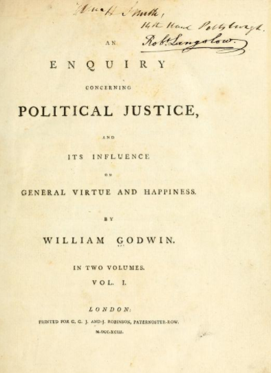 Title page from An Enquiry Concerning Political Justice, Vol. I.