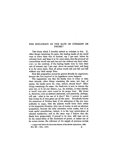 Title page from “The Influence of the Rate of Interest on Prices”