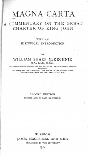 Title page from Magna Carta: A Commentary on the Great Charter of King John, with an Historical Introduction