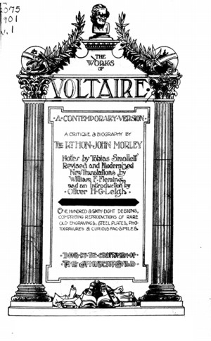 Title page from The Works of Voltaire. A Contemporary Version, in 21 vols.
