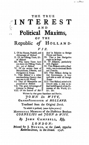 Title page from The True Interest and Political Maxims, of the Republic of Holland