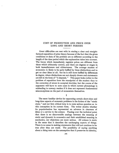 Title page from "Cost of Production and Price Over Long and Short Periods"