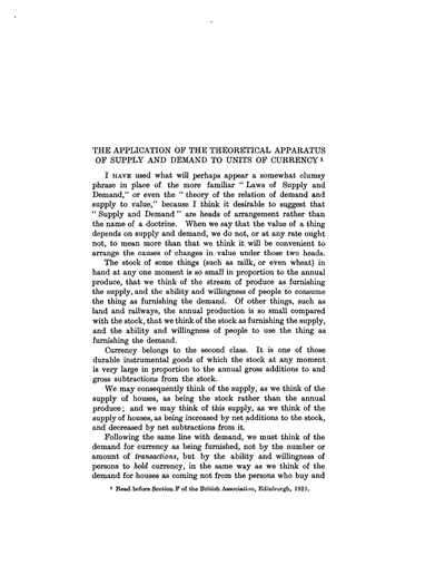 Title page from "The Application of the Theoretical Apparatus of Supply and Demand to Units of Currency"