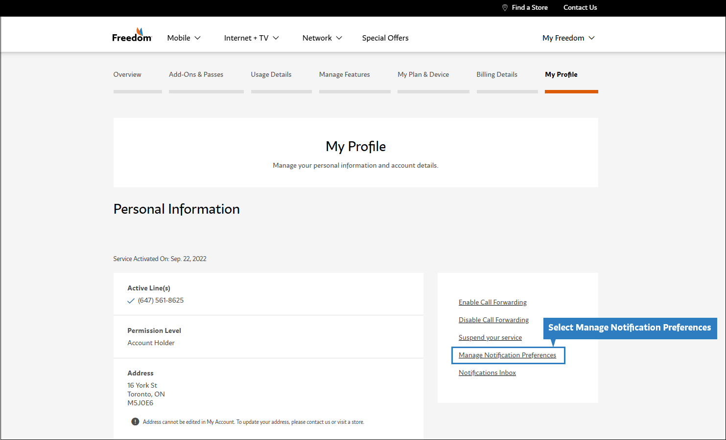 My Account - Select Manage Notification Preferences