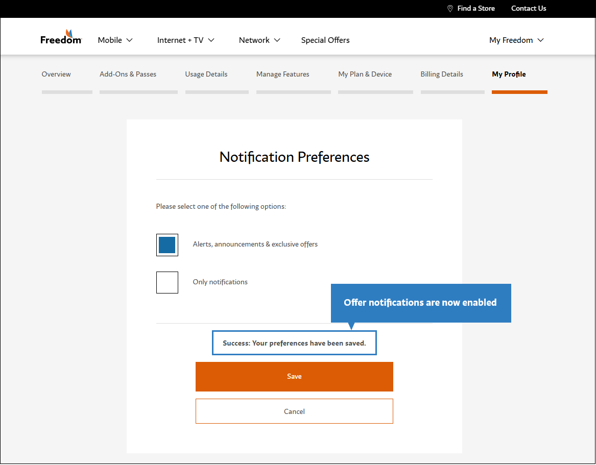 My Account - Notifications confirmation