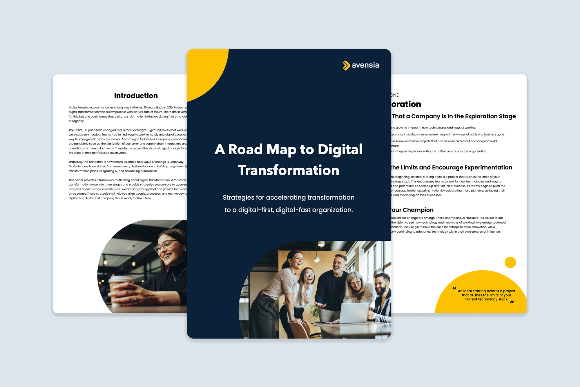 Business presentation slides showing "A Road Map to Digital Transformation" with navy and yellow design elements and office workplace photos