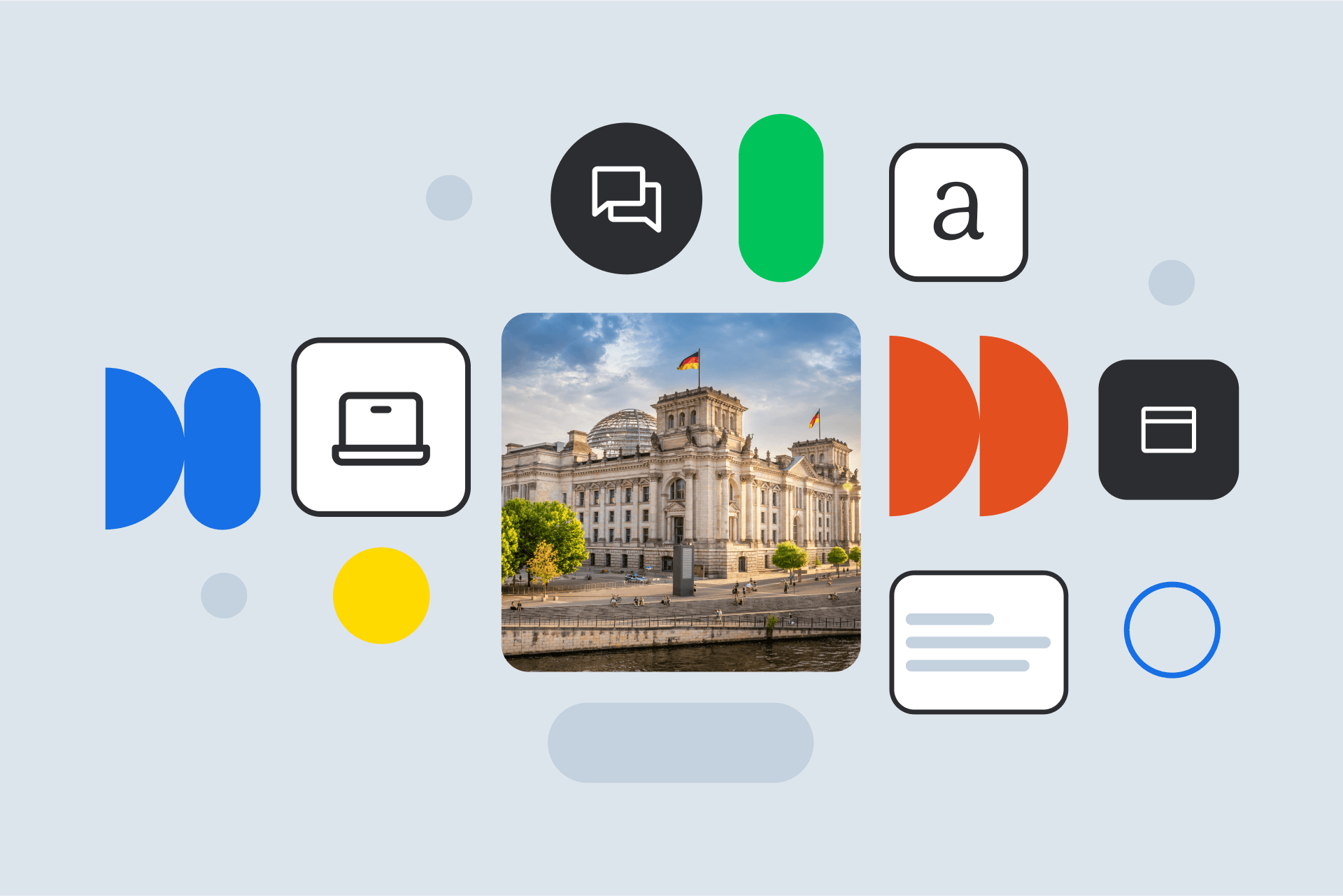 Reichstag building in Berlin with German flags flying, surrounded by app icons and interface elements on a light gray background