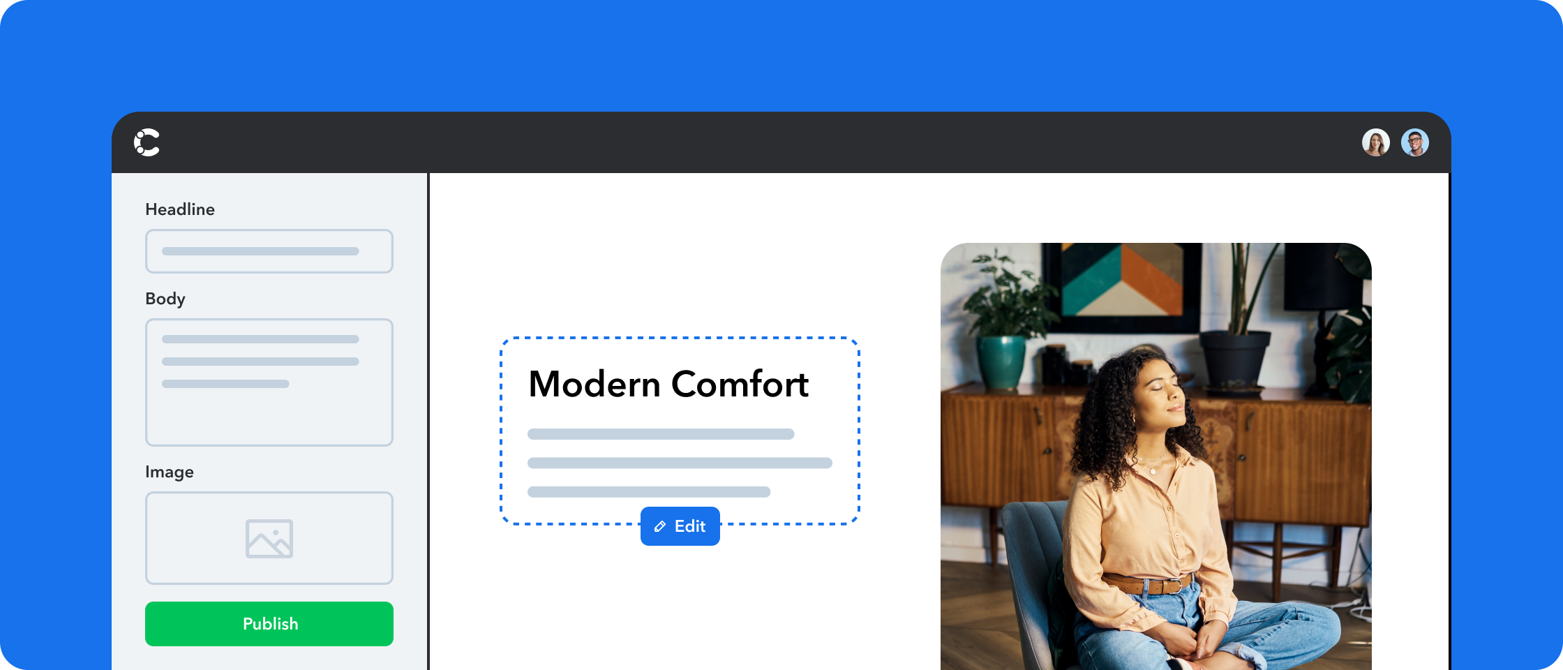 Stylized user-interface showing Contentful content editing features.