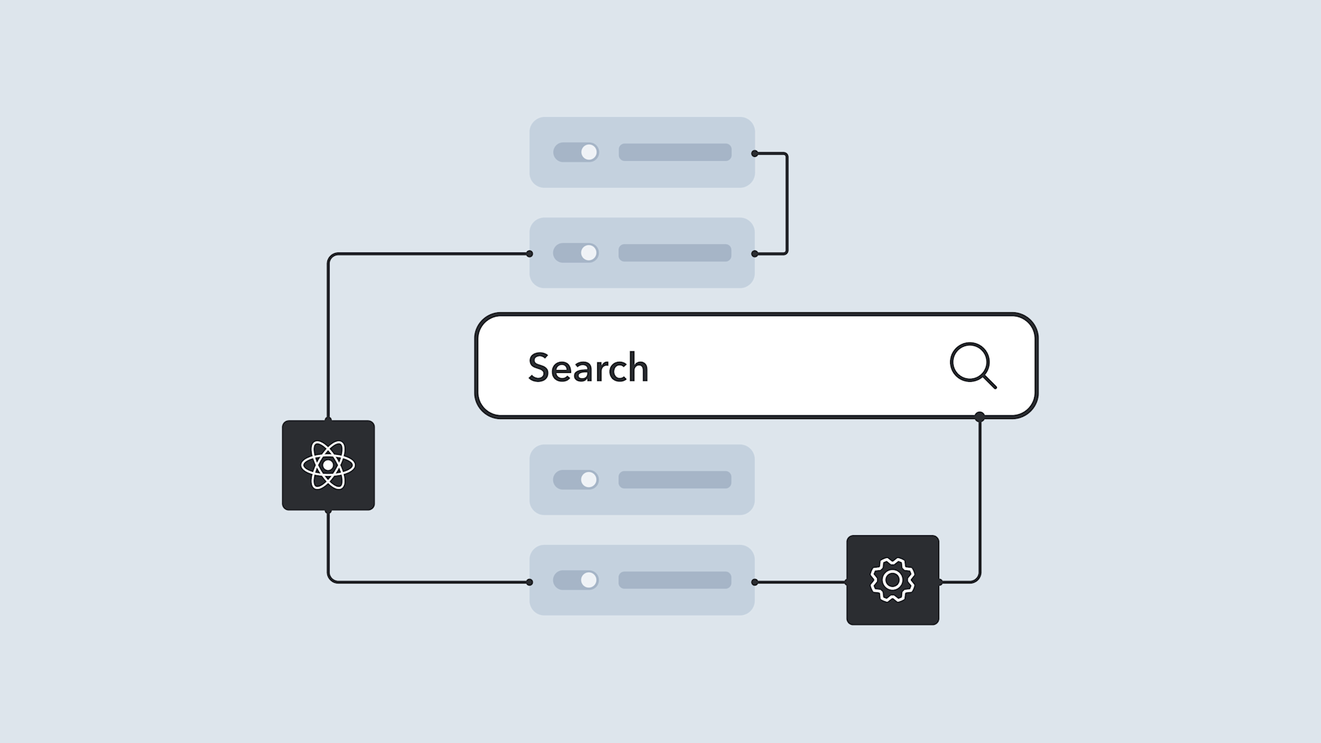 Diagram showing search interface components connected by lines, with React and settings icons linked to toggle switches and search bar