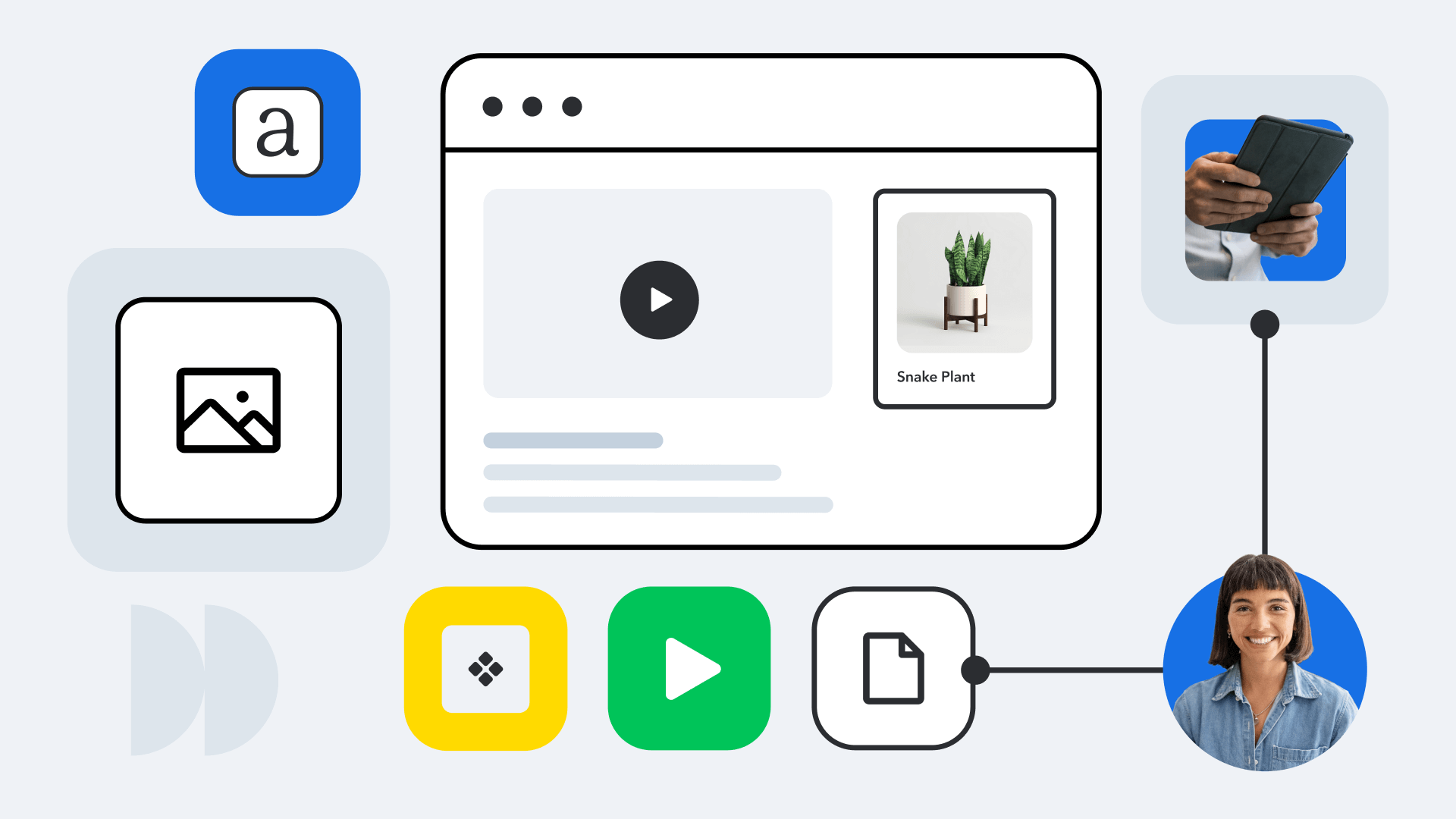 Illustration showing content management interface with app icons, video player, product image of snake plant, and user profile