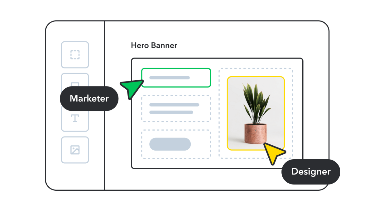 Stylized Contentful Studio UI showing Developer and Marketer collaborating in real-time on a hero banner.