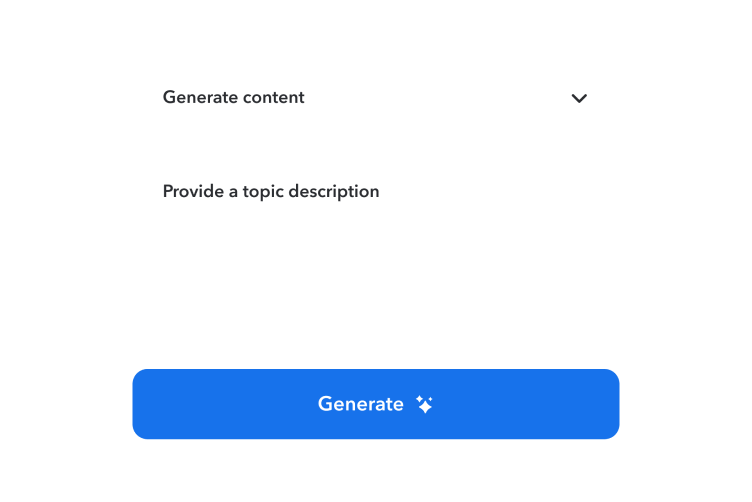 User interface showing a dropdown menu labeled "Generate content" and a text input field for topic description above a blue Generate button