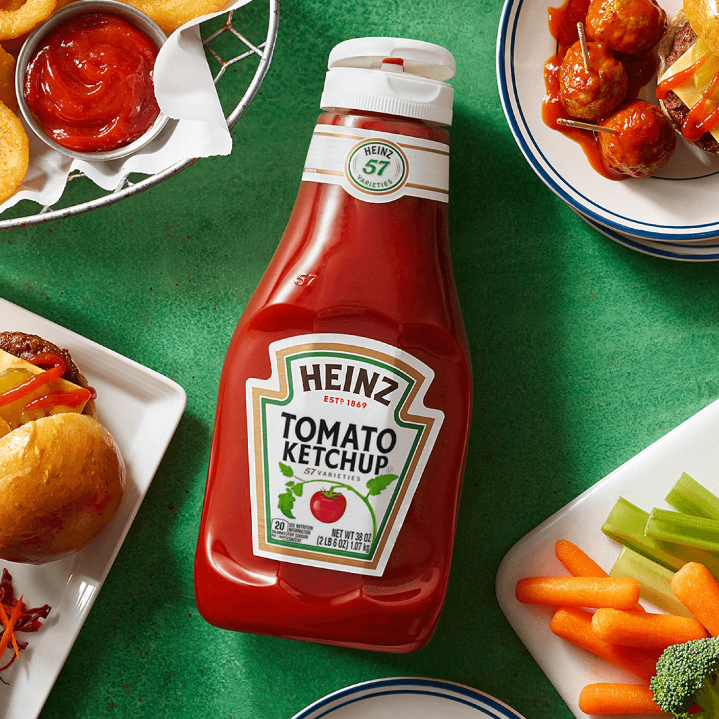 A Heinz ketchup bottle on a table viewed from above.