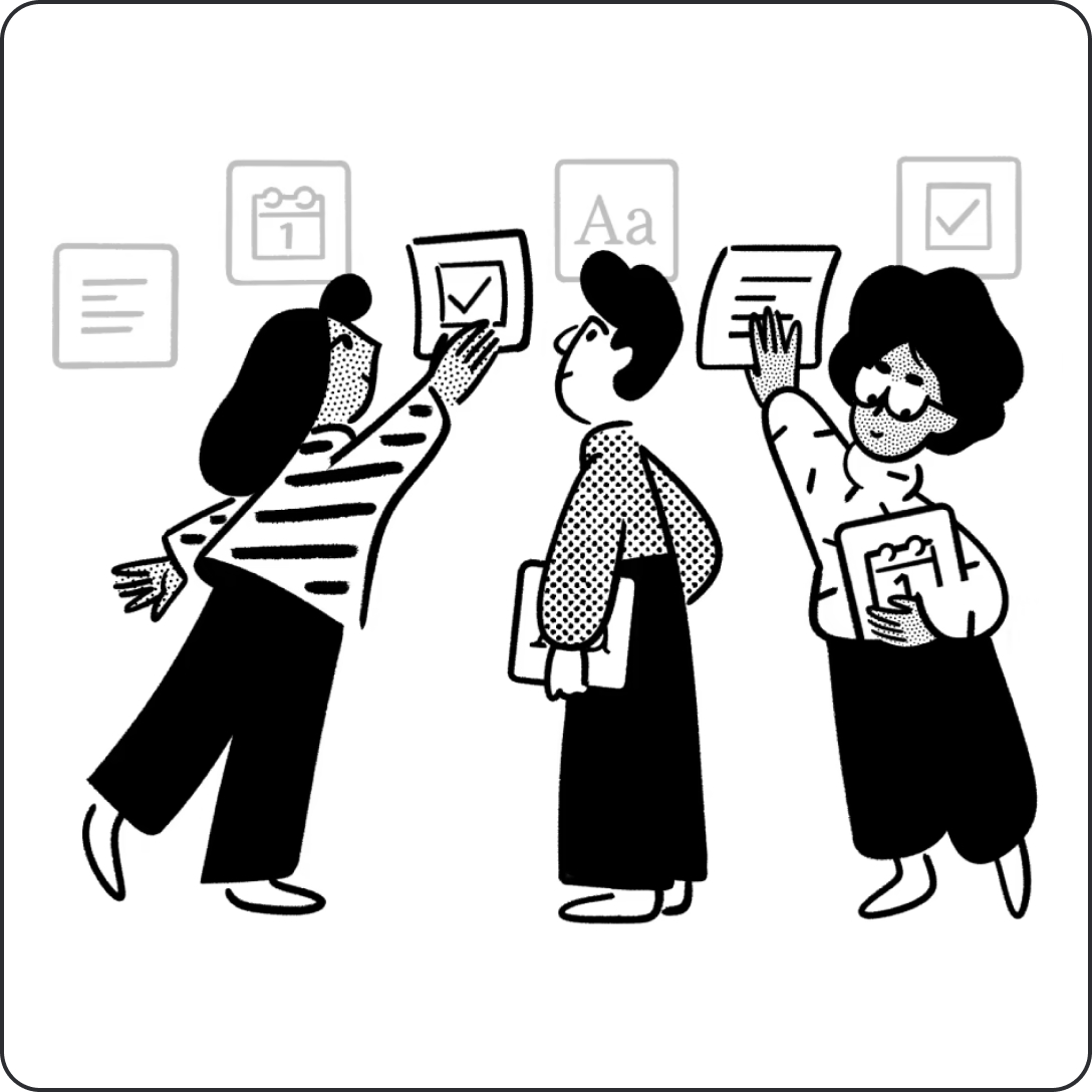 Illustration of 3 characters posting notes in Notion.