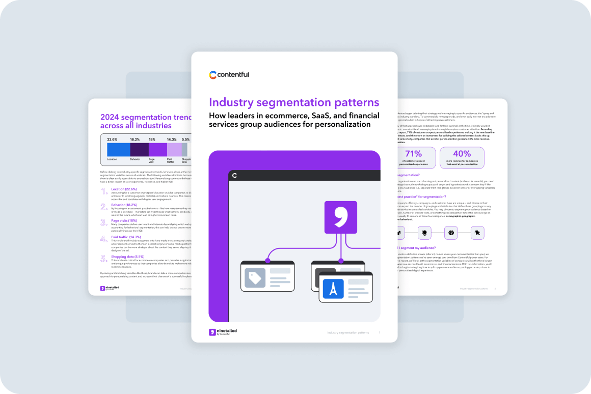 Three overlapping white cards showing industry segmentation data and patterns, with purple accents and infographic elements