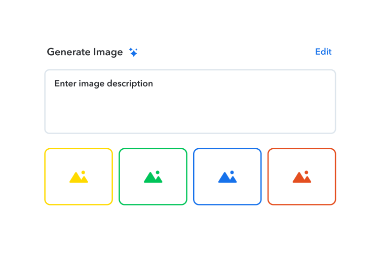 Image generation interface with text input field and four colored image icons in yellow, green, blue, and red frames