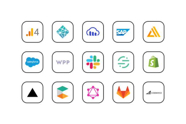 Grid of 15 tech company logos including Salesforce, SAP, Slack, and GitLab, displayed as rounded square app icons on black background