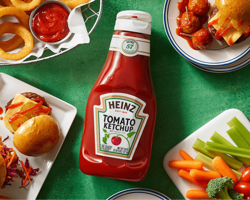 A Heinz ketchup bottle on a table viewed from above.