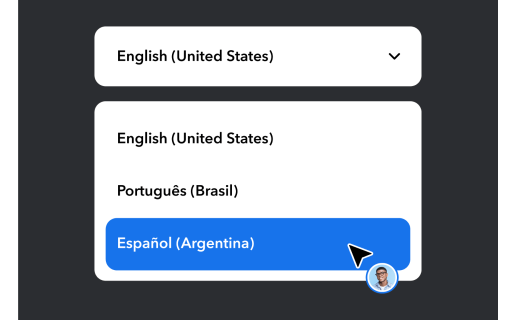 Language selection dropdown menu showing English (US), Portuguese (Brazil), and Spanish (Argentina) options with cursor pointer