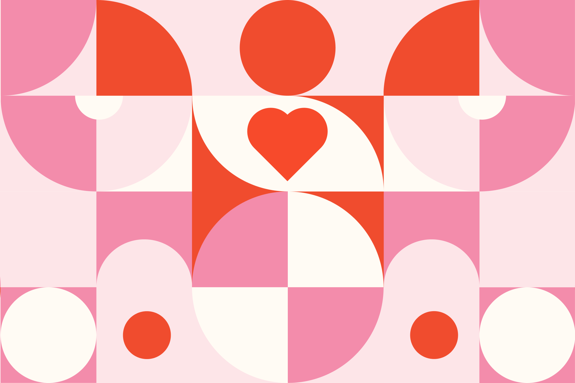 Abstract geometric pattern in pink, red, and white featuring circles and a heart shape in a symmetrical modern design