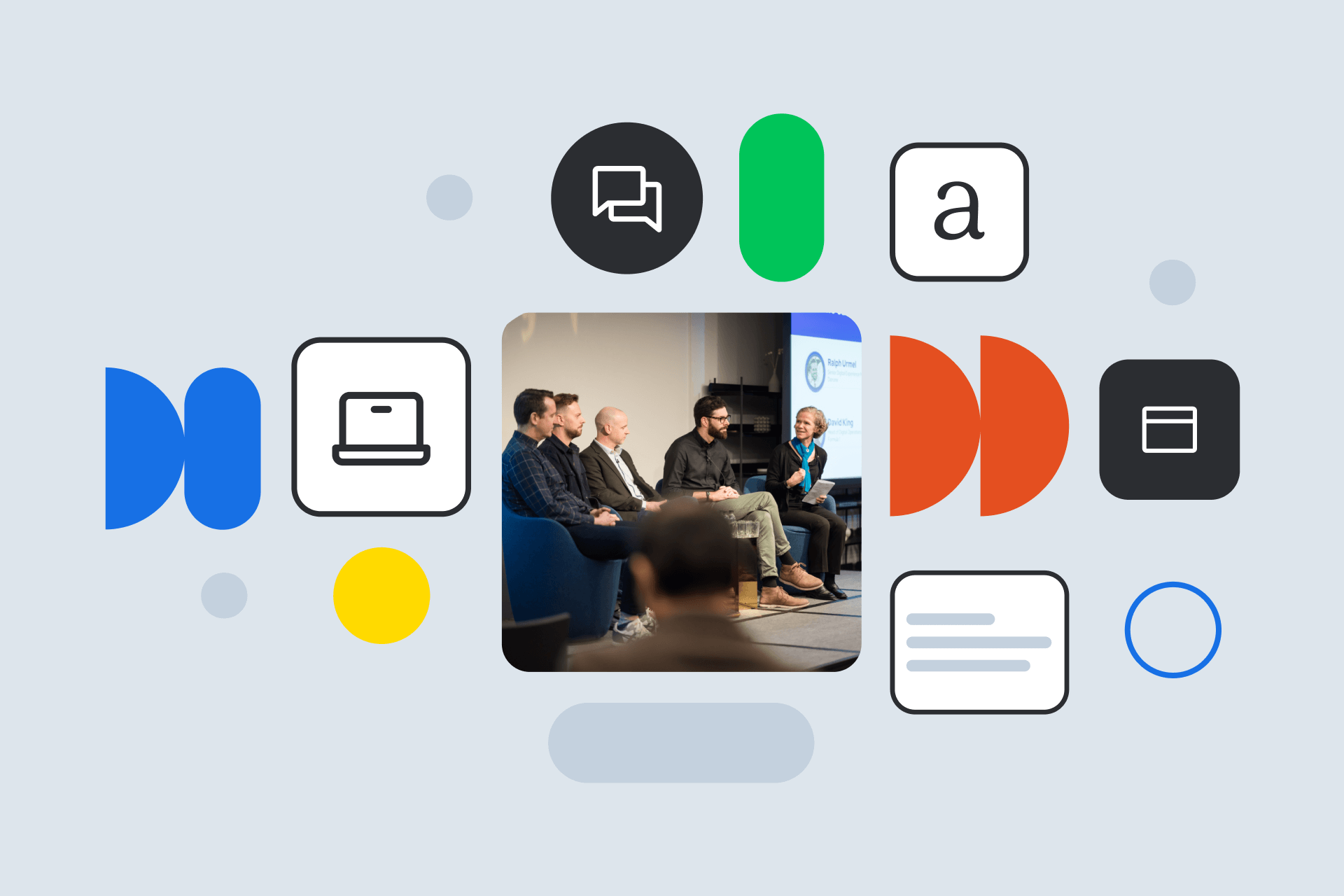 Panel discussion surrounded by abstract app icons and design elements on light gray background.