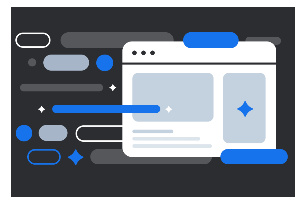 Abstract illustration of a web browser window with geometric shapes and UI elements in white, blue, and gray on a dark background