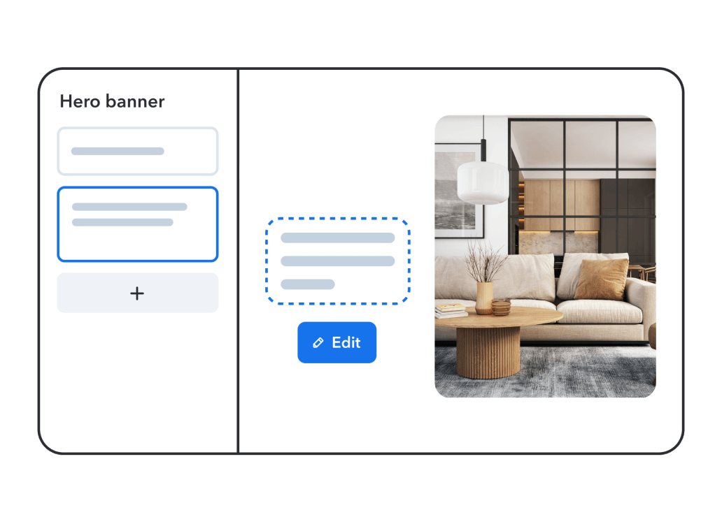 Website editor interface showing hero banner section with placeholder text and modern living room image featuring beige sofa and round table