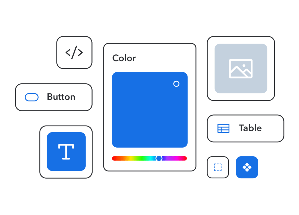 Design interface elements showing code, color picker, button, text, table, and image icons in white and blue against dark background