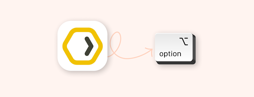 A yellow and white hexagon with a black arrow pointing right, connected by a light pink looping arrow to a white button with the word "option" and a small symbol above it.