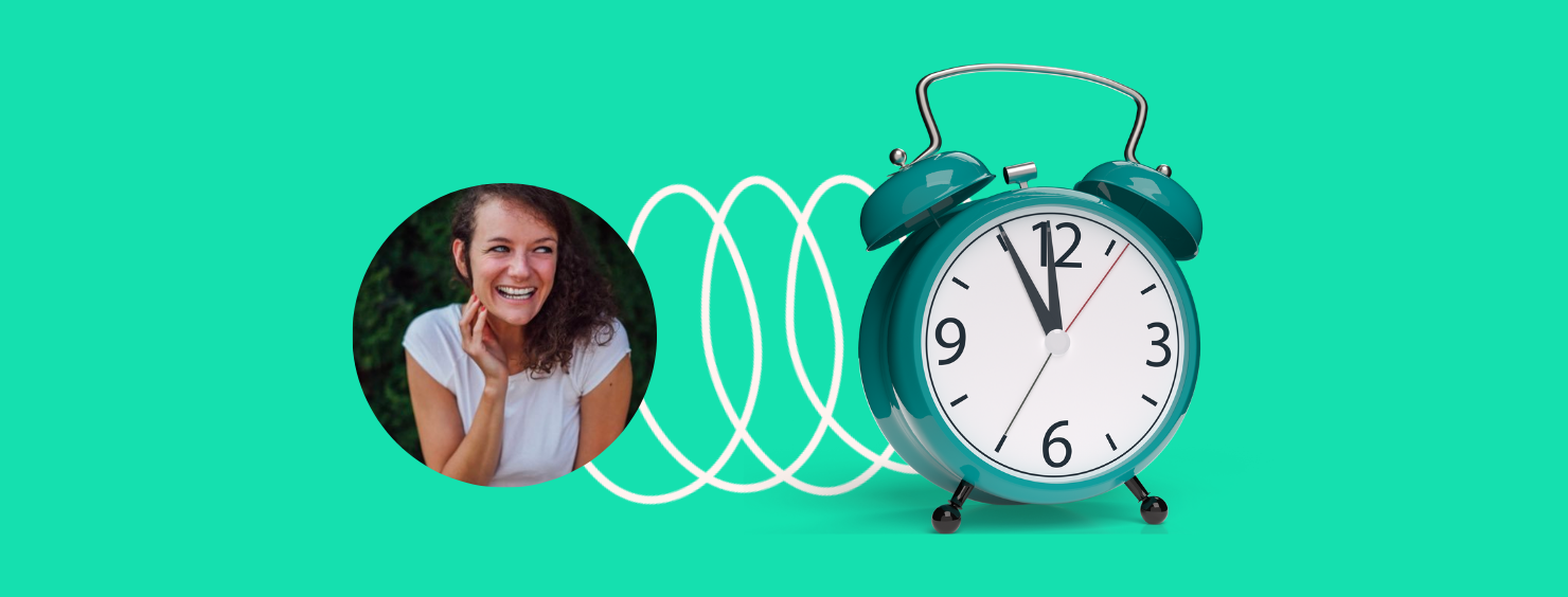 A woman in a circle connected by lines to a teal alarm clock showing almost 11:55, set against a teal background.