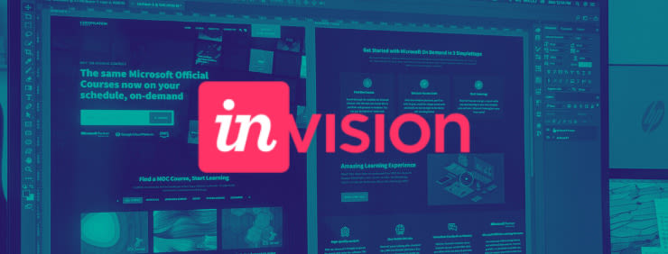 A screen displays design software with the InVision logo superimposed.