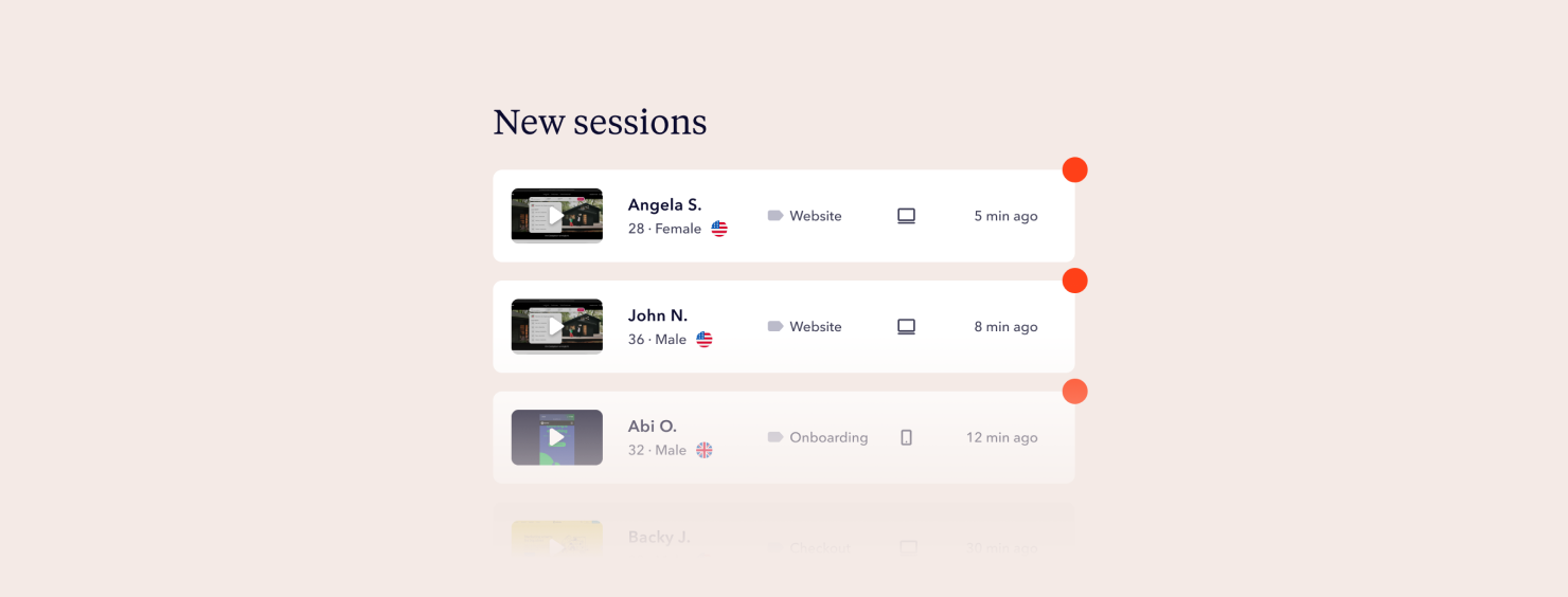 List of recent user sessions with names, age, gender and website/onboarding information.